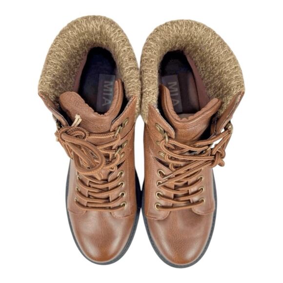 MIA Marsha Lug Hiking Boots Brown Vegan Leather Lace Up Textile Cuff 9 - Picture 5 of 10